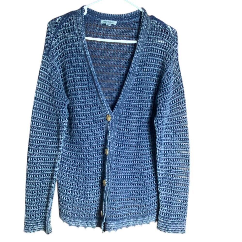 PBJ Blues Open Knit Cardigan Crochet Blue Women M Boho Coastal Preppy
